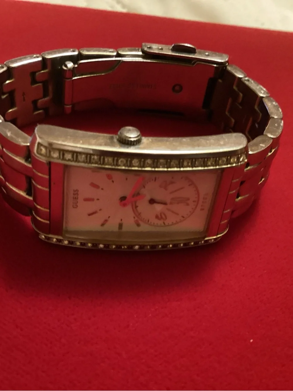 GUESS Silver Tone Crystal-Accented Rectangular Bracelet Watch